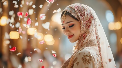 Beautiful bride in traditional attire surrounded by falling flower petals in a romantic setting