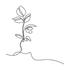 Single Line Drawing of a Blooming Plant Sprouting from Soil