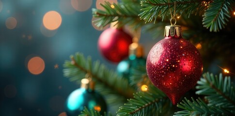 Fototapeta premium Sparkling glass ornaments hang from the branches of a stained glass Christmas tree, decorations, stained glass