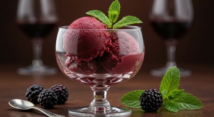 Delicious Blackberry Sorbet with Fresh Mint and Red Wine in Background