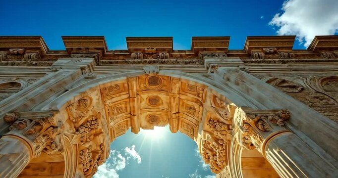 Low angle static shot: An ancient arch stands tall against a vibrant blue sky dotted with fluffy white clouds.