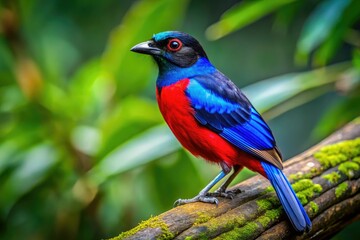 Fototapeta premium Stunning exotic bird, vibrant blue, red, and black plumage, perched elegantly on a branch.