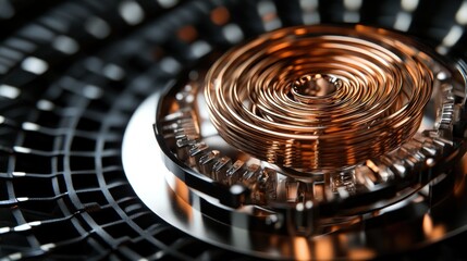 Close-up of a copper coil on a metallic base, showcasing intricate design against a black grid background