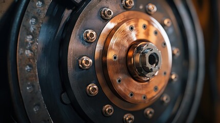 Close-up of a metallic machinery component showcasing intricate details and textures
