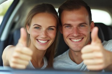 Joyful couple sitting in car and gesturing thumbs up, smiling to camera. Great auto dealership offer concept