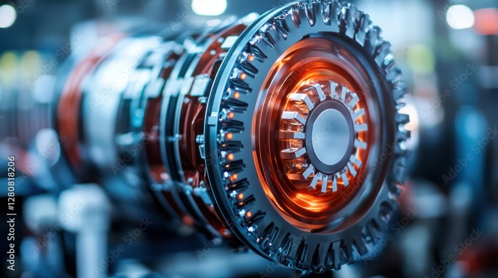 Poster close-up of a modern jet engine component showcasing intricate design and technology in a workshop