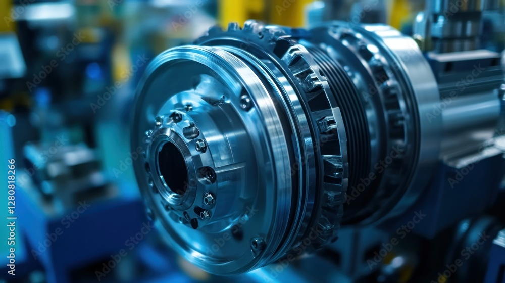 Aufkleber close-up of a precision-engineered mechanical component in a high-tech manufacturing facility