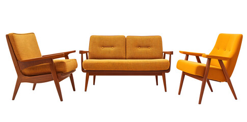 Set of trendy sofas, armchairs, with cushions in retro mid-century style. Modern soft furniture collection