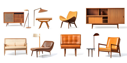 Set of trendy sofas, armchairs, with cushions in retro mid-century style. Modern soft furniture collection