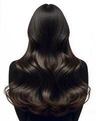 Naklejka premium Back View of Long Black Wavy Hair on White Background