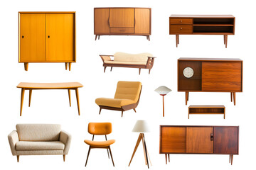 Set of trendy sofas, armchairs, with cushions in retro mid-century style. Modern soft furniture collection