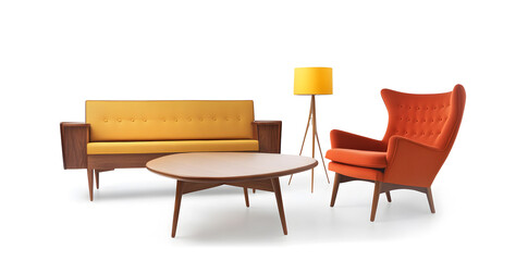 Set of trendy sofas, armchairs, with cushions in retro mid-century style. Modern soft furniture collection