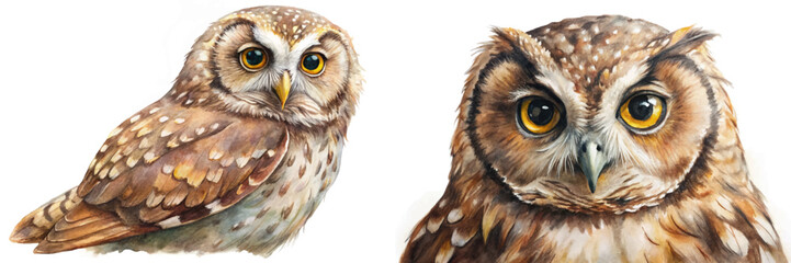 Realistic watercolor owl, detailed feather textures, vibrant eyes, nature illustration, wildlife art, animal portrait.