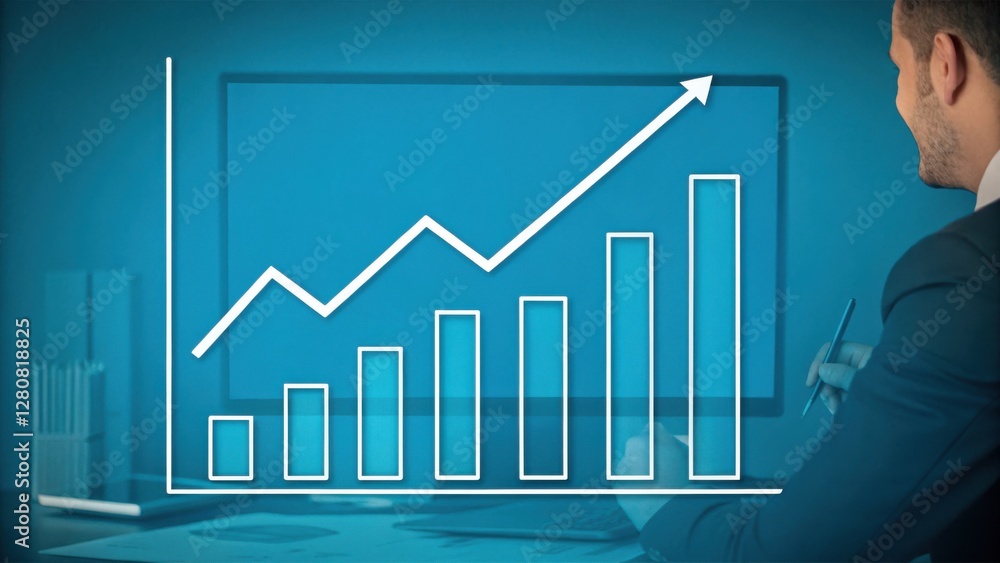 Poster businessman analyzing upward trending bar graph on computer screen