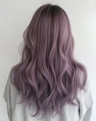 Naklejka premium Back View of Wavy Lavender Ash Blonde Hair on White Background