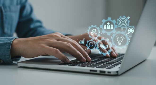 Person using laptop computer with digital business process and strategy icons