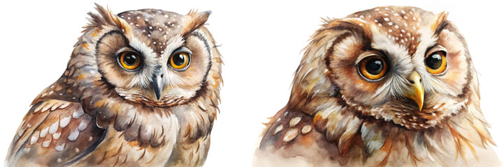 Realistic watercolor owl portraits, detailed feathers, vibrant colors, nature illustration, wildlife art, animal studies.