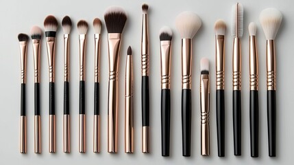 An array of makeup brushes with gold accents and black handles