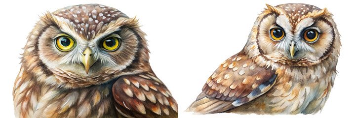 Realistic watercolor owl illustrations, detailed feathers, vibrant eyes, nature art, wildlife decor, animal portraits.