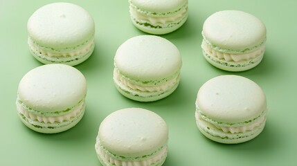Obraz premium top view of pastel mint french macarons, located in the right side of the composition isolated on mint background 
