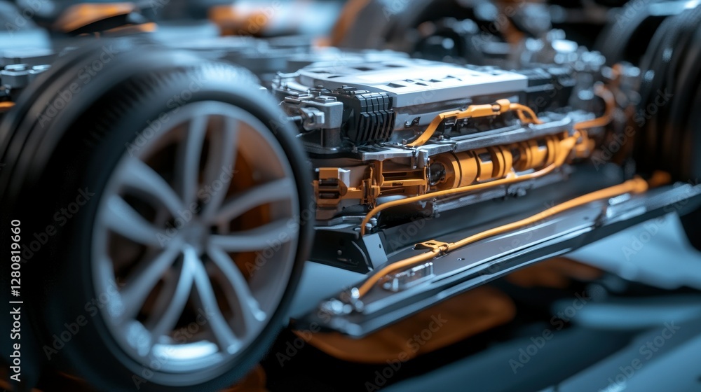 Poster close-up view of a car's engine showcasing intricate details and metallic components, with a blurred