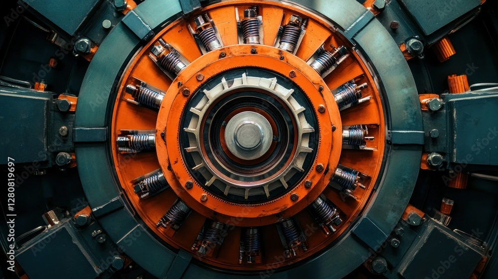Poster close-up view of a complex mechanical engine component showcasing intricate details and vibrant colo
