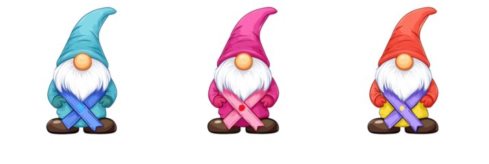 Colorful gnomes with ribbons, three gnomes in blue, pink, and red, each holding colored ribbons, whimsical design, cartoon style, isolated on transparent background, png