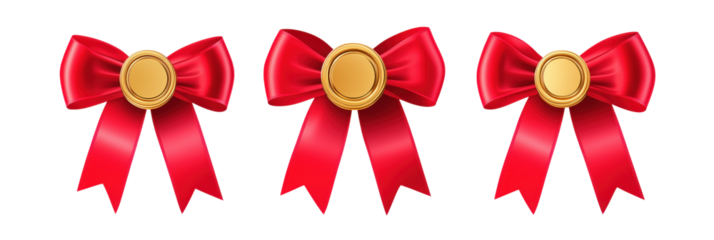 Red ribbons with gold medallions, three decorative bows, vibrant red color, elegant design, suitable for awards or gifts, isolated on transparent background, png