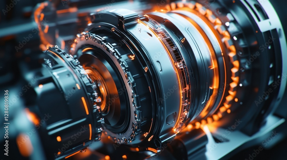 Poster close-up view of a futuristic mechanical engine component with glowing elements and intricate design