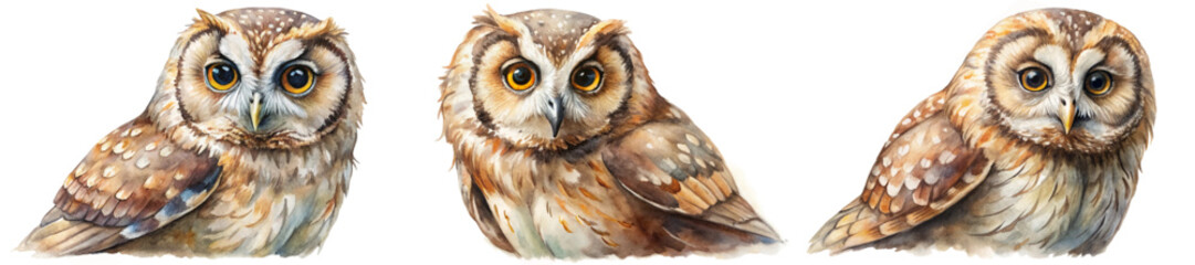 Realistic watercolor owl illustrations, detailed feathers, vibrant eyes, wildlife art, nature-inspired design, educational purposes.