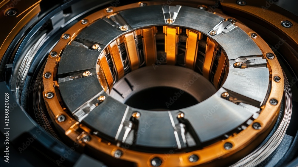 Poster close-up view of a metallic circular component with intricate details and lighting effects