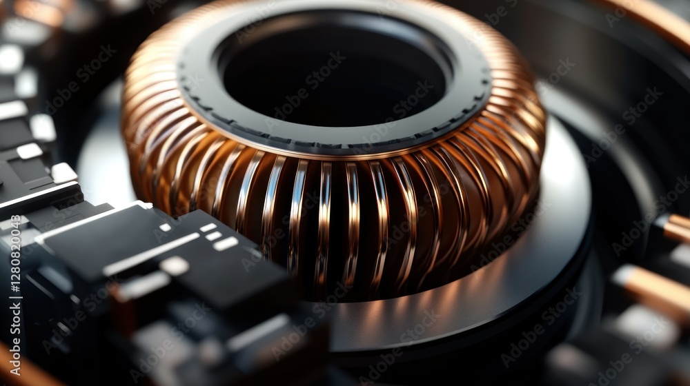 Poster close-up view of a metallic coil component in a futuristic mechanical assembly with intricate detail