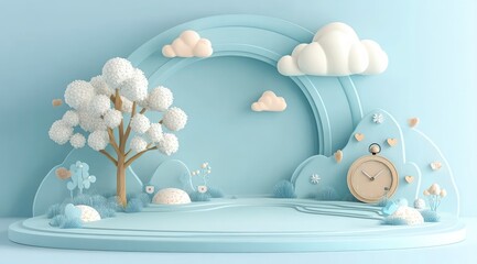 Cute Pastel Blue Baby Nursery Decor  3D Rendered Cloud Scene  Minimalist Clock  Heart Tree