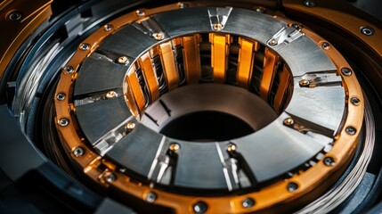 Naklejka premium Close-up view of a metallic circular component with intricate details and lighting effects