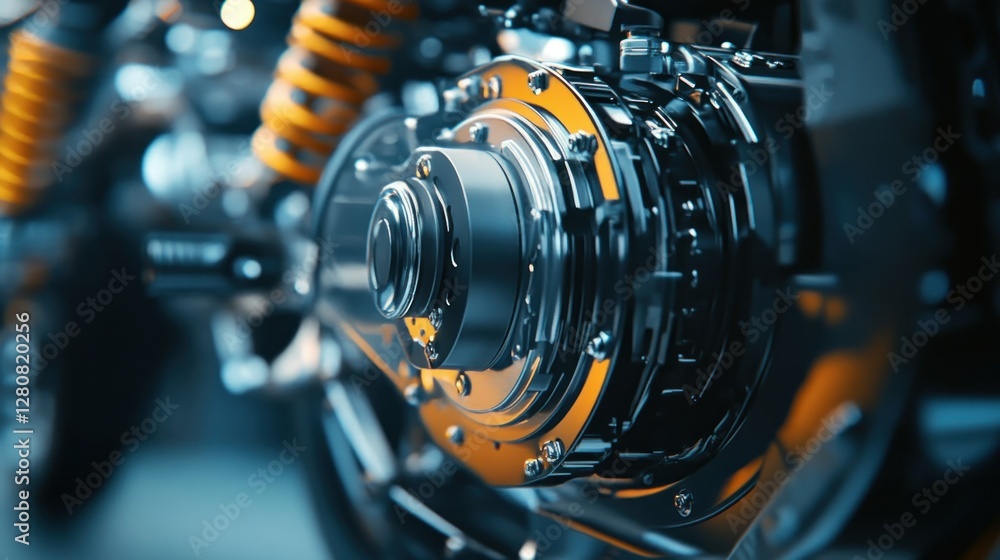 Poster close-up view of a motorcycle engine component showcasing intricate mechanics and vibrant colors
