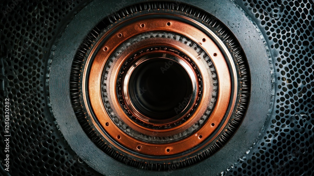 Poster close-up view of a metallic turbine component showcasing intricate design and textures
