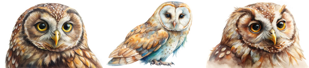 Realistic watercolor owl illustrations, detailed bird features, vibrant earthy colors, artistic wildlife portrayal.