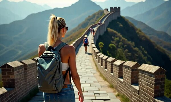 Woman Exploring the Majestic Great Wall of China