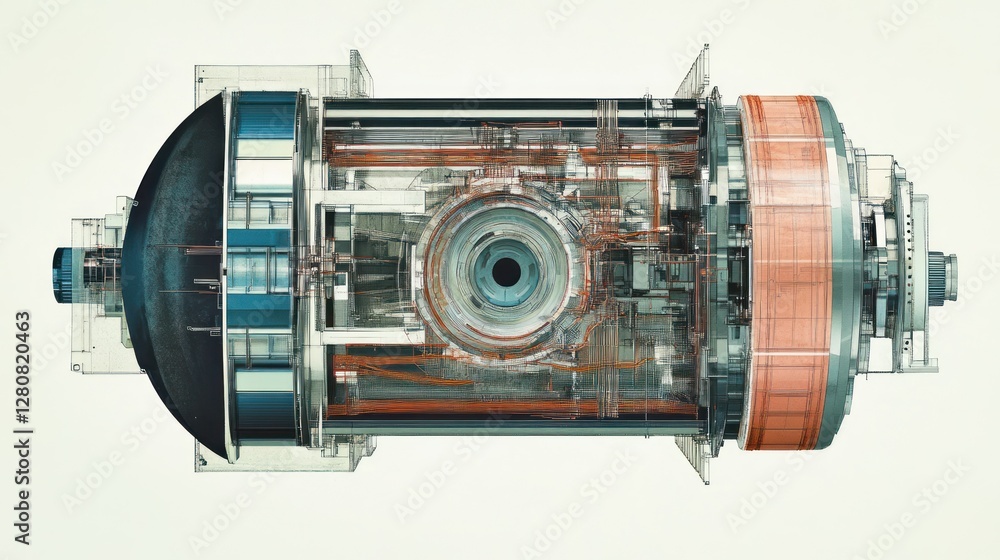 Poster detailed cross-section of a complex turbine engine showcasing internal components and wiring