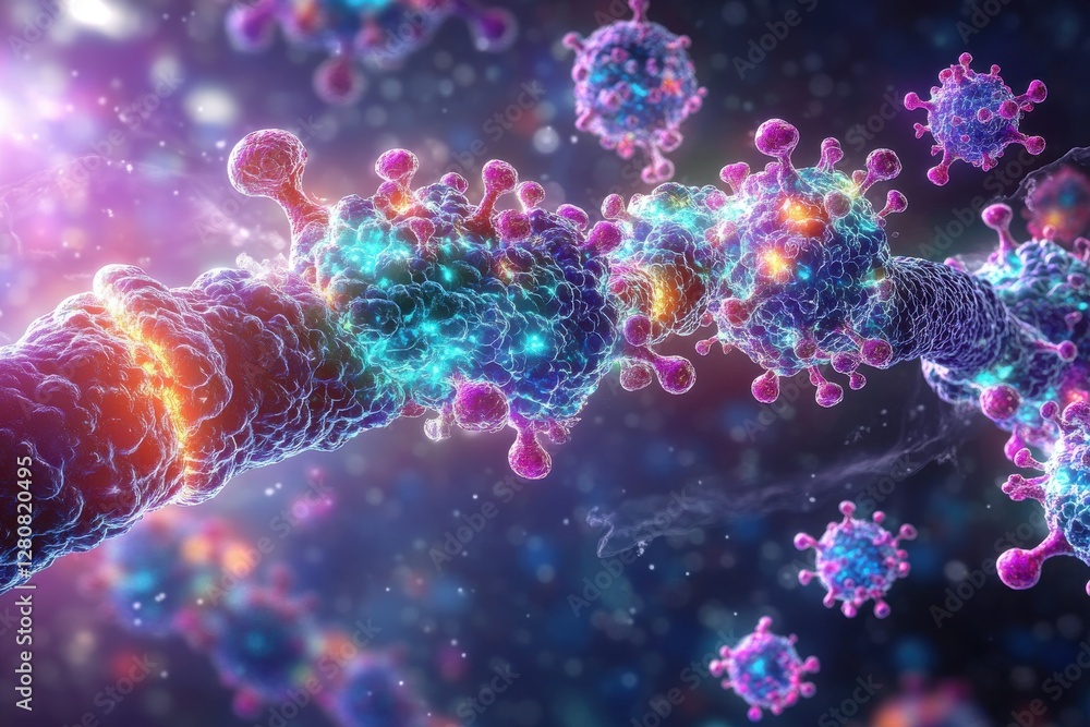 Poster detailed microscopic view of the coronavirus with vibrant colors and intricate structures, showcasin