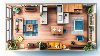 Modern open-plan living space featuring a cozy layout and vibrant decor.