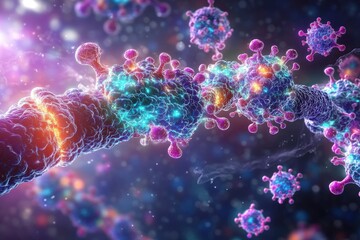 Fototapeta premium Detailed microscopic view of the coronavirus with vibrant colors and intricate structures, showcasing the complexity of the virus at a cellular level.