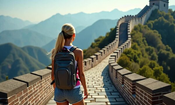Woman Exploring the Majestic Great Wall of China