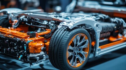 Fototapeta premium Detailed view of an electric vehicle chassis showcasing advanced engineering and design elements