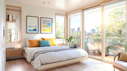 Fototapeta premium Bright, modern bedroom with large windows showcasing greenery and city views.