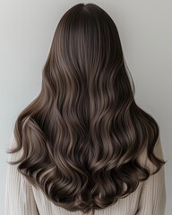 Fototapeta premium Back View of Long Wavy Brown Hair on White Background