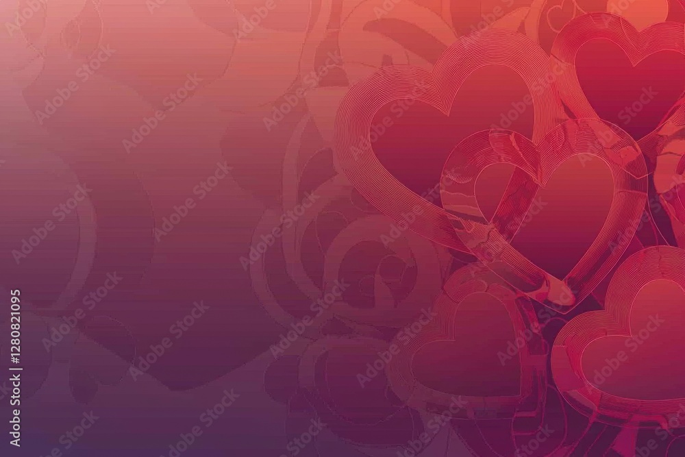 Poster elegant valentine's day background with textured heart shapes in shades of red and purple, creating 