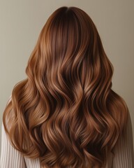 Fototapeta premium Back View of Long Wavy Brown Hair on White Background