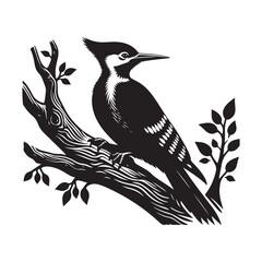 Woodpecker bird Silhouette Vector Illustration, Solid White Background.