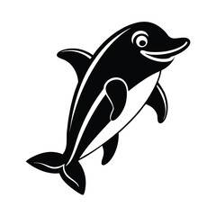 Happy Cartoon Dolphin, Black and White, Aquatic Mammal, Ocean Life, Marine Animal